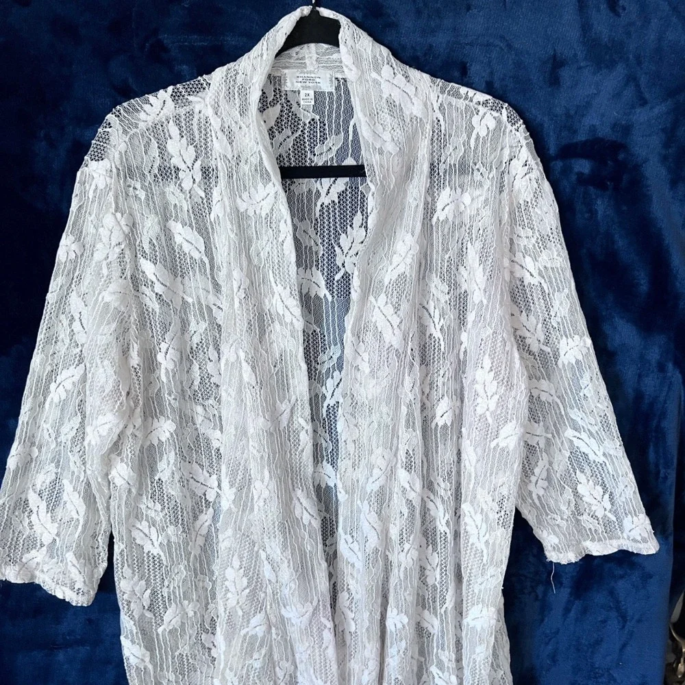 Shannon Ford New York White Floral‎ Lace Cardigan Open Front Sheer Kimono 2X